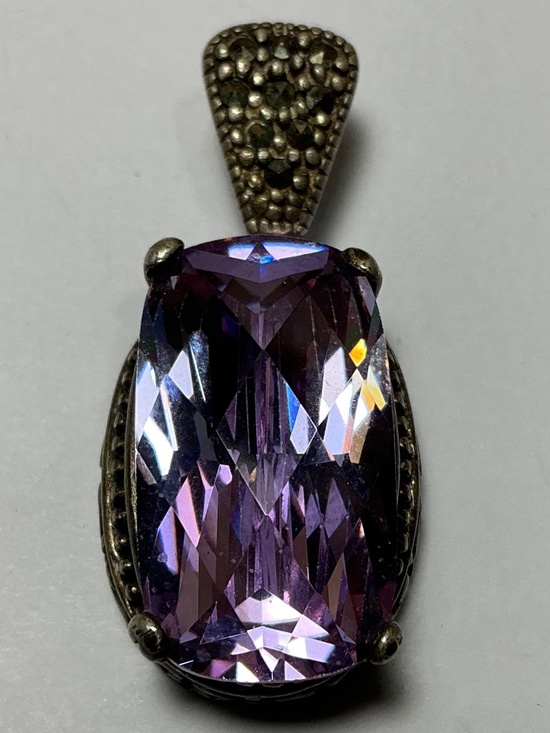 Sterling Silver Oval Pendant with Marcasite and a Purple Stone. 1.5 inches long - Picture 1 of 6